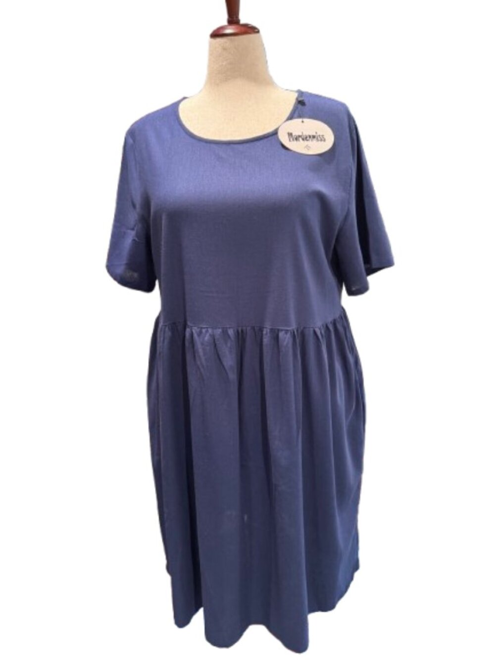 NWT Mordenmiss Navy Cotton Linen Tunic Lagenlook Midi Dress with Pockets (XL) - Picture 2 of 16